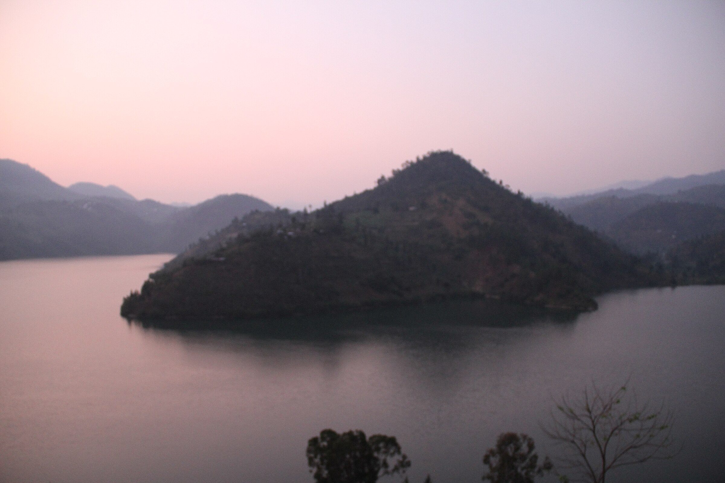 Dawn light over Lake Kivu and the hills of western Rwanda